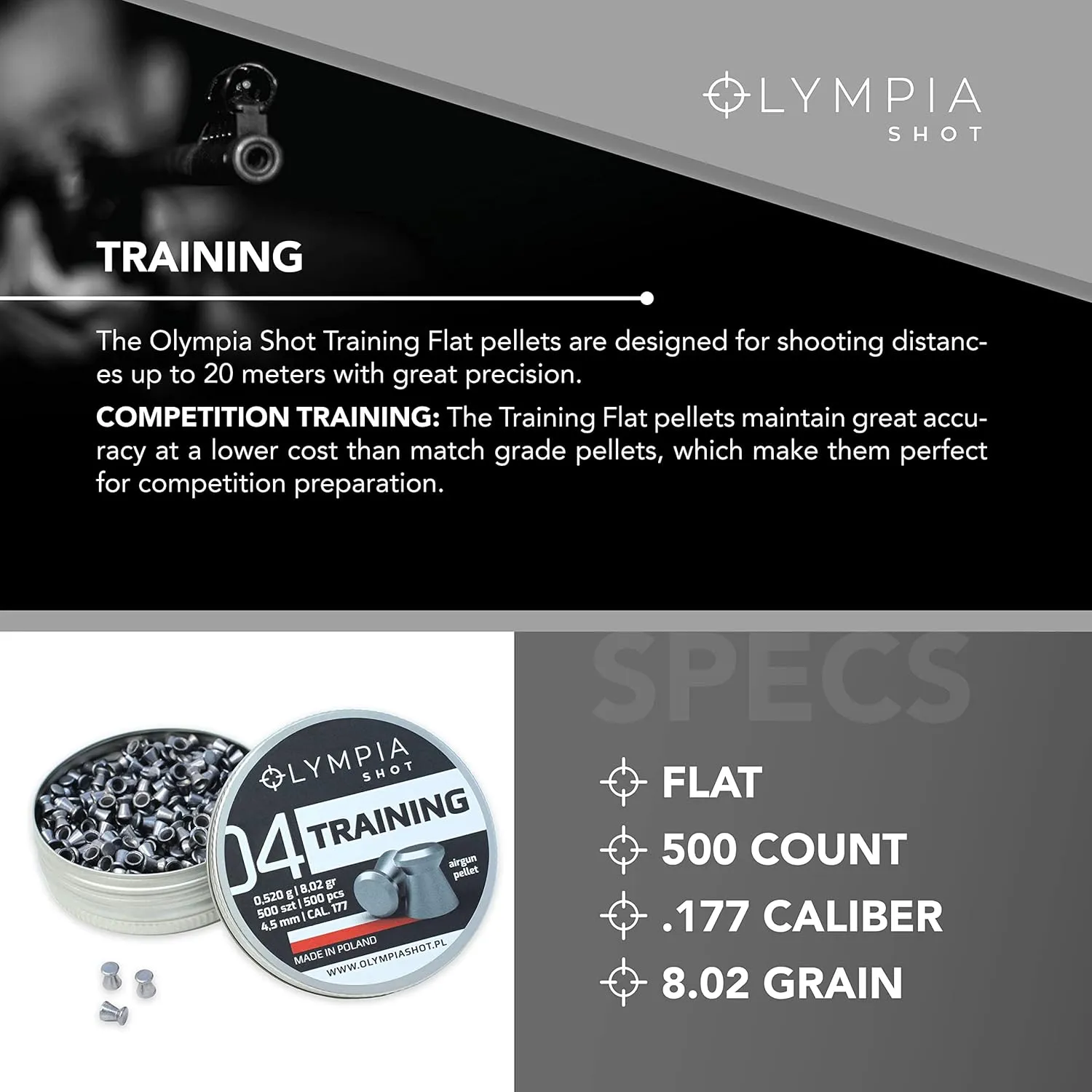Olympia Shot Air Gun Pellets | .177 Caliber, .22 Caliber, .25 Caliber | Domed, Pointed, Flat Wadcutter Heads | Various Weights for Target Shooting, Hunting, Competition, and Training | 150-500 Count