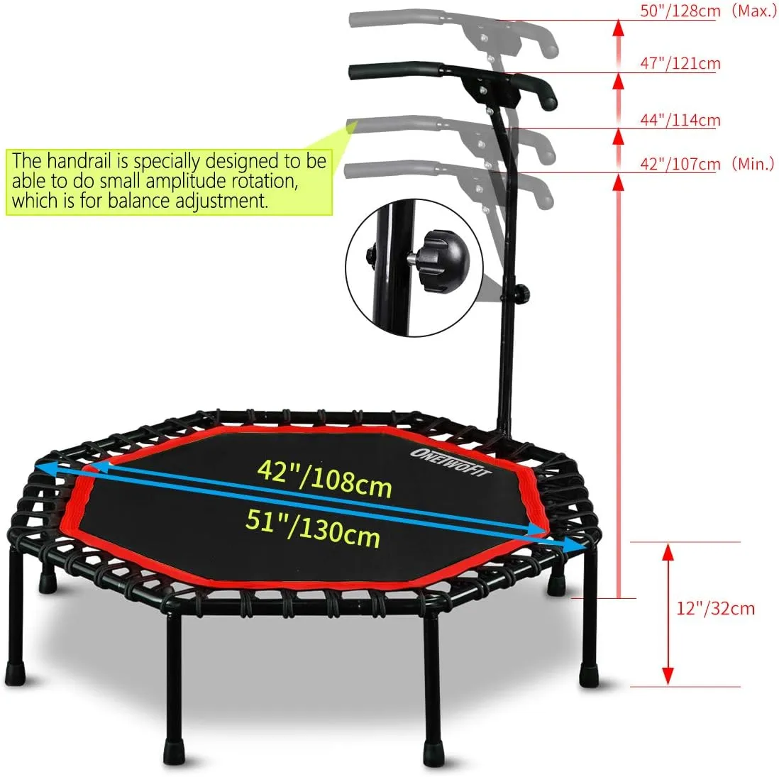 ONETWOFIT 51" Silent Trampoline with Adjustable Handle Bar, Fitness Trampoline Bungee Rebounder Jumping Cardio Trainer Workout for Adults…