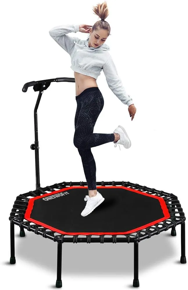 ONETWOFIT 51" Silent Trampoline with Adjustable Handle Bar, Fitness Trampoline Bungee Rebounder Jumping Cardio Trainer Workout for Adults…