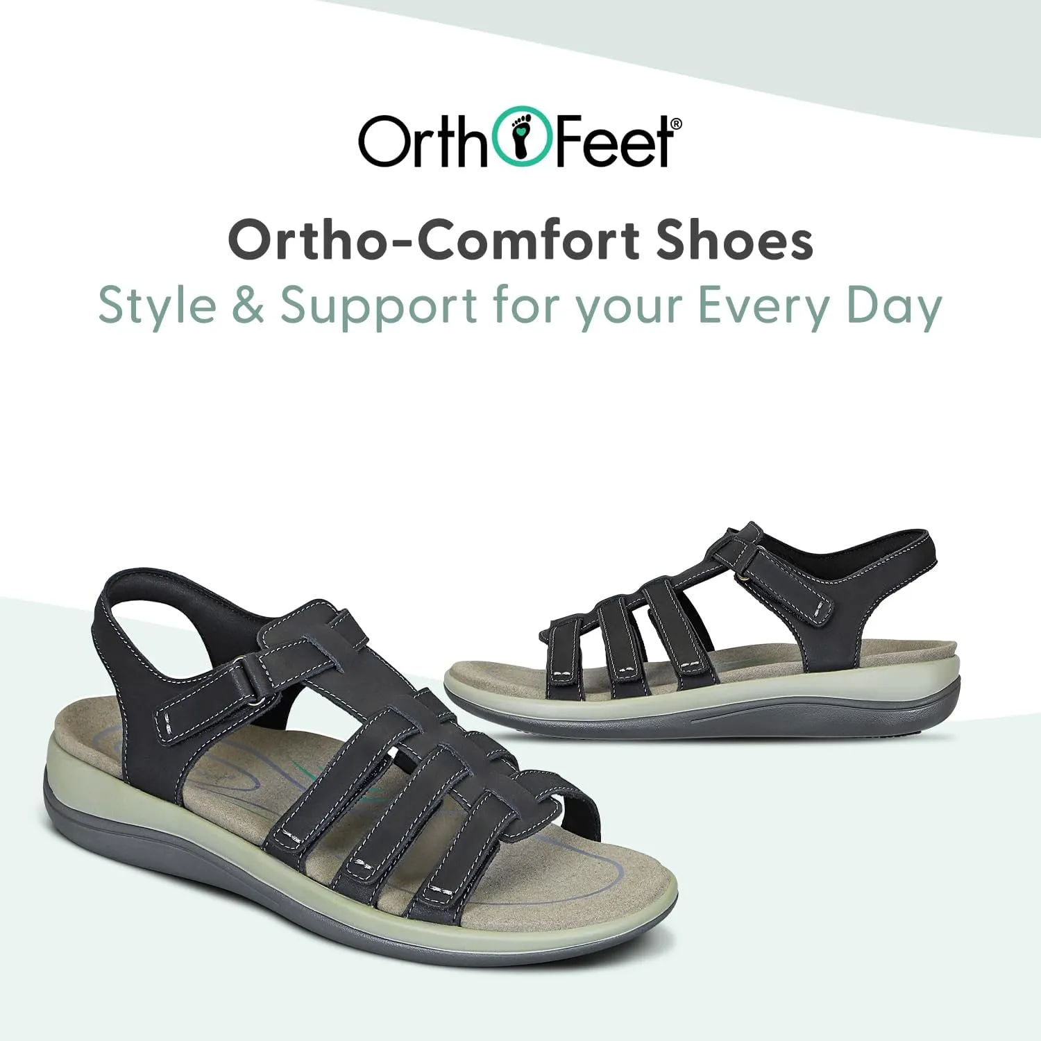 Orthofeet Women's Orthopedic Black Leather Amalfi Adjustable Sandals, Size 7