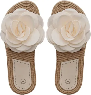 OYOANGLE Women's Boho 3D Flower Straw Braided Flat Sandals Open Toe Slip on Vacation Casual Sandals