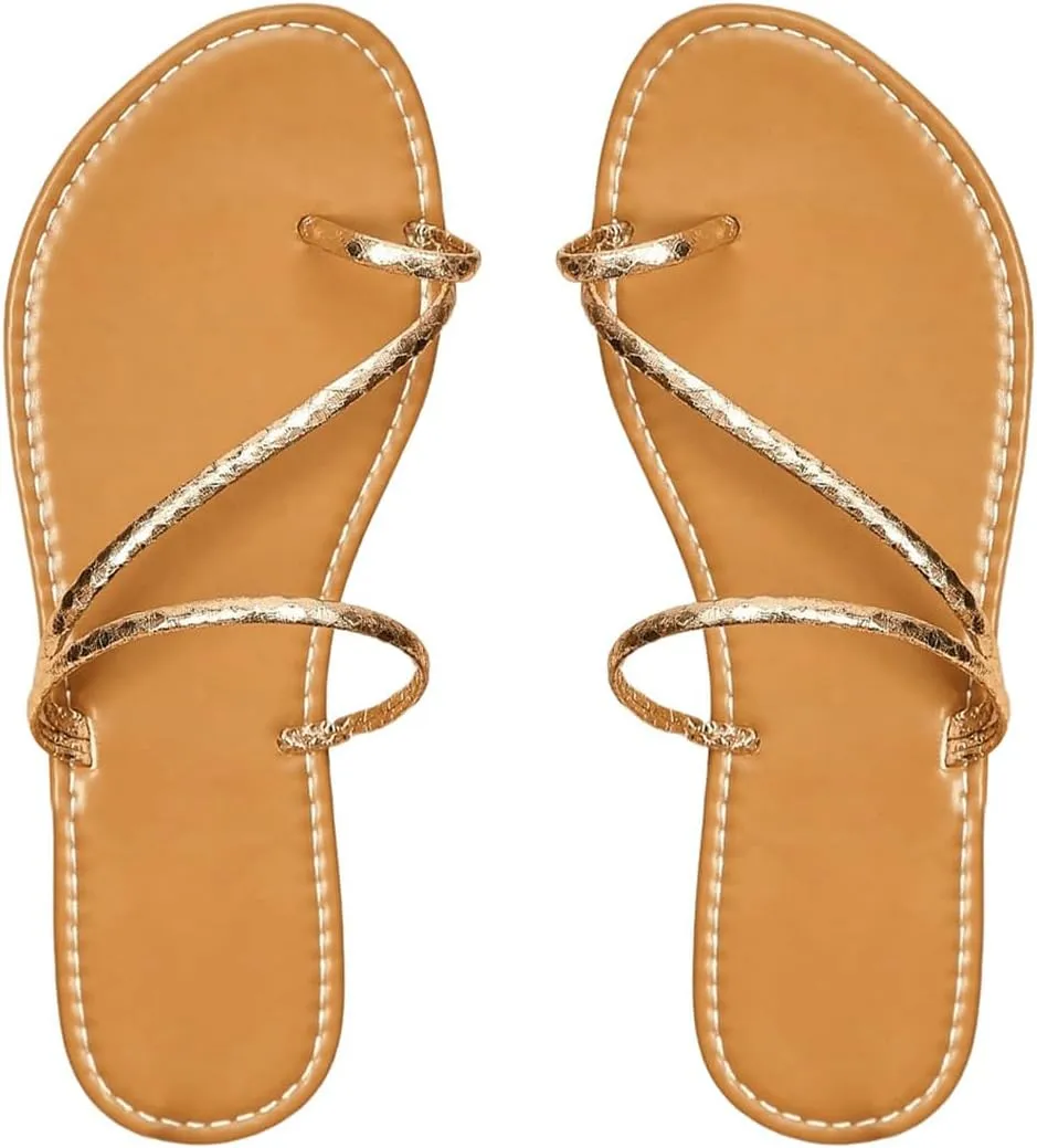 OYOANGLE Women's Metallic Cross Strap Toe Ring Sandals Open Toe Slip on Flat Sandal