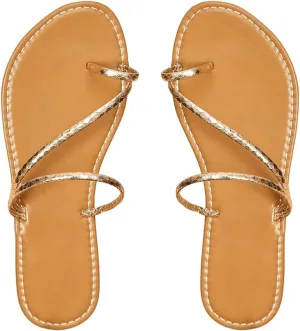 OYOANGLE Women's Metallic Cross Strap Toe Ring Sandals Open Toe Slip on Flat Sandal