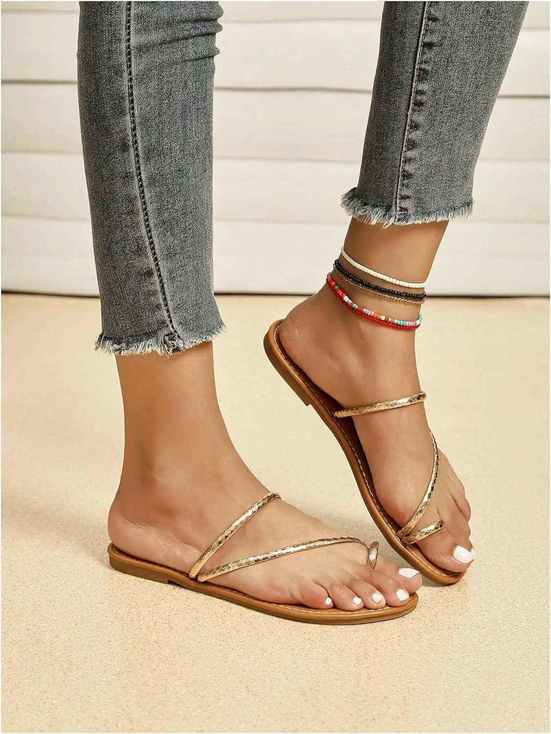 OYOANGLE Women's Metallic Cross Strap Toe Ring Sandals Open Toe Slip on Flat Sandal