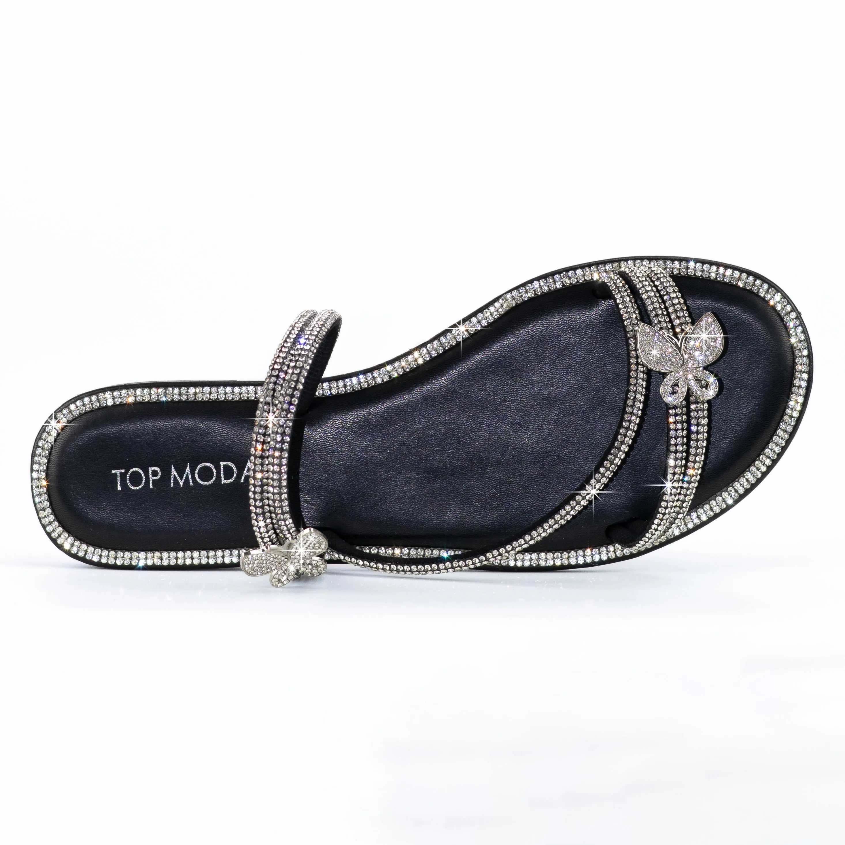Pamela - Rhinestone Butterfly & Edge Detail Flat Sandals, Slip-On Design, Stylish & Comfortable for Summer