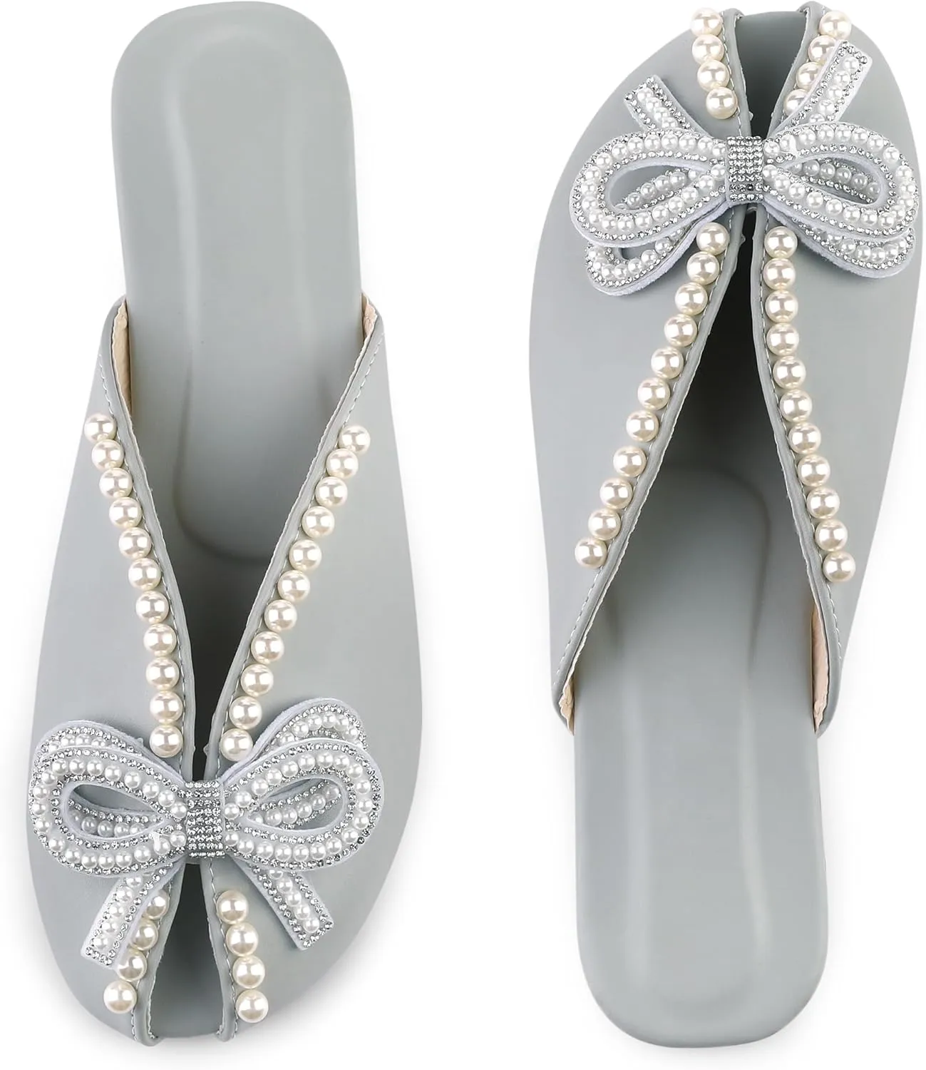 Perphy Floral Printed Peep Toe Slip on Pearl Flat Shoes Slides Mules for Women