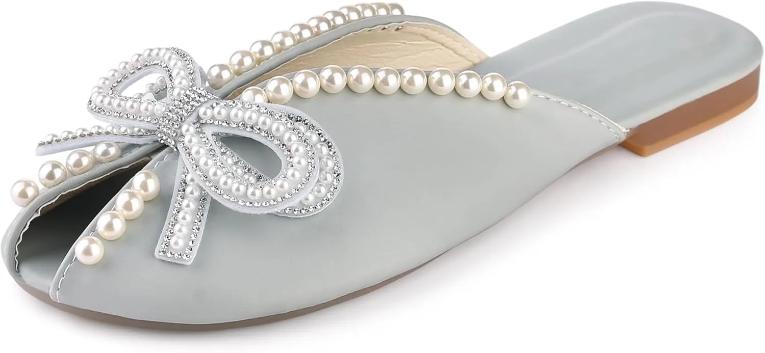 Perphy Floral Printed Peep Toe Slip on Pearl Flat Shoes Slides Mules for Women