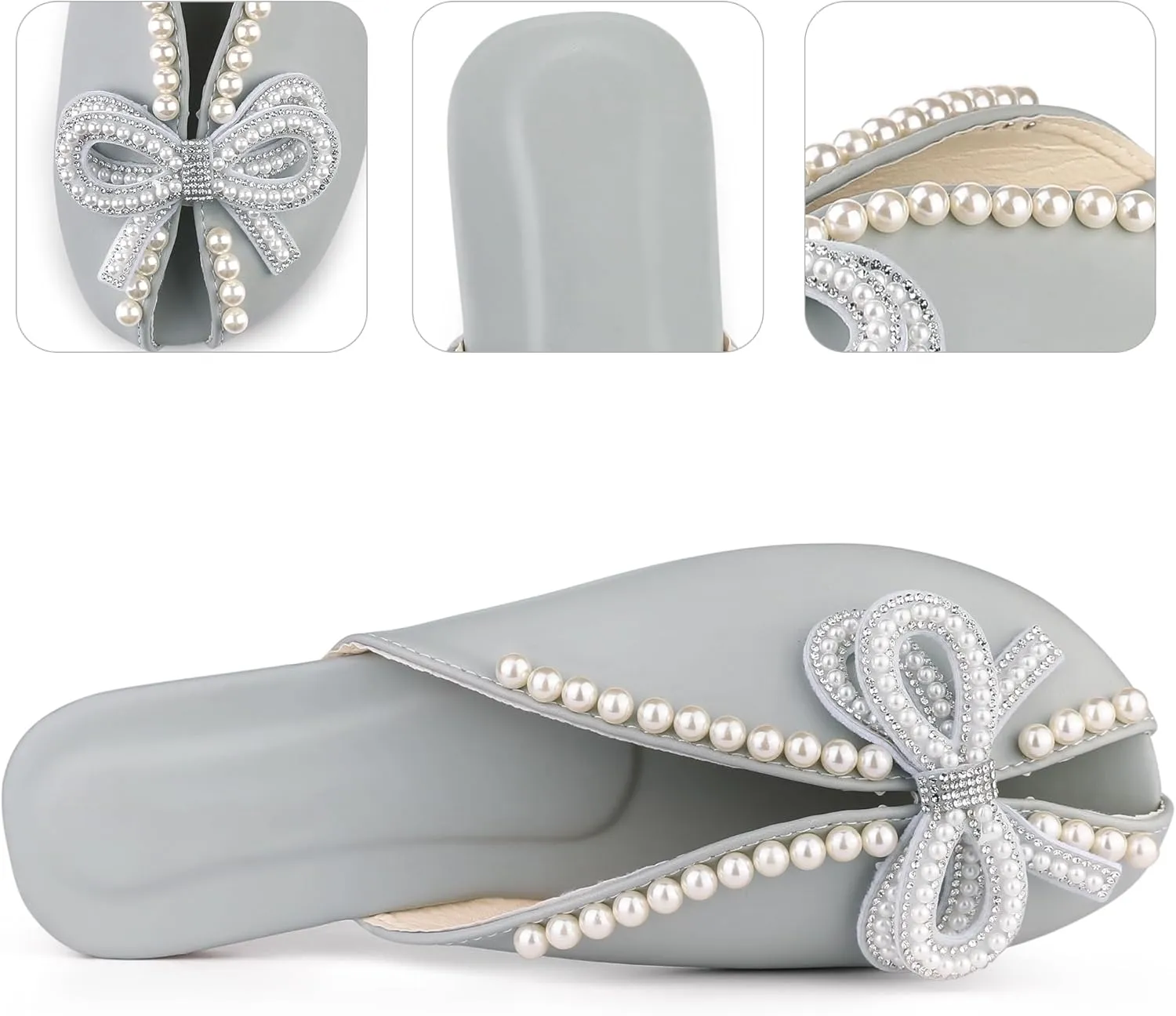 Perphy Floral Printed Peep Toe Slip on Pearl Flat Shoes Slides Mules for Women
