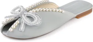Perphy Floral Printed Peep Toe Slip on Pearl Flat Shoes Slides Mules for Women
