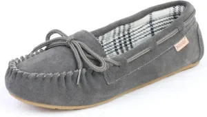 Plaid Lined Hardsole - Moccasin Slippers for Womens Made with Suede Upper, Rubber Sole, Textile Lace, and Traditional Moccasin Design