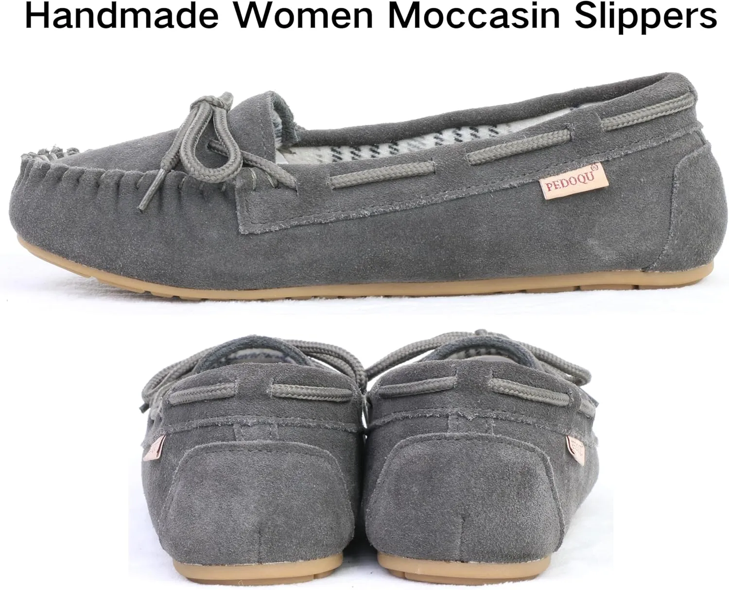 Plaid Lined Hardsole - Moccasin Slippers for Womens Made with Suede Upper, Rubber Sole, Textile Lace, and Traditional Moccasin Design