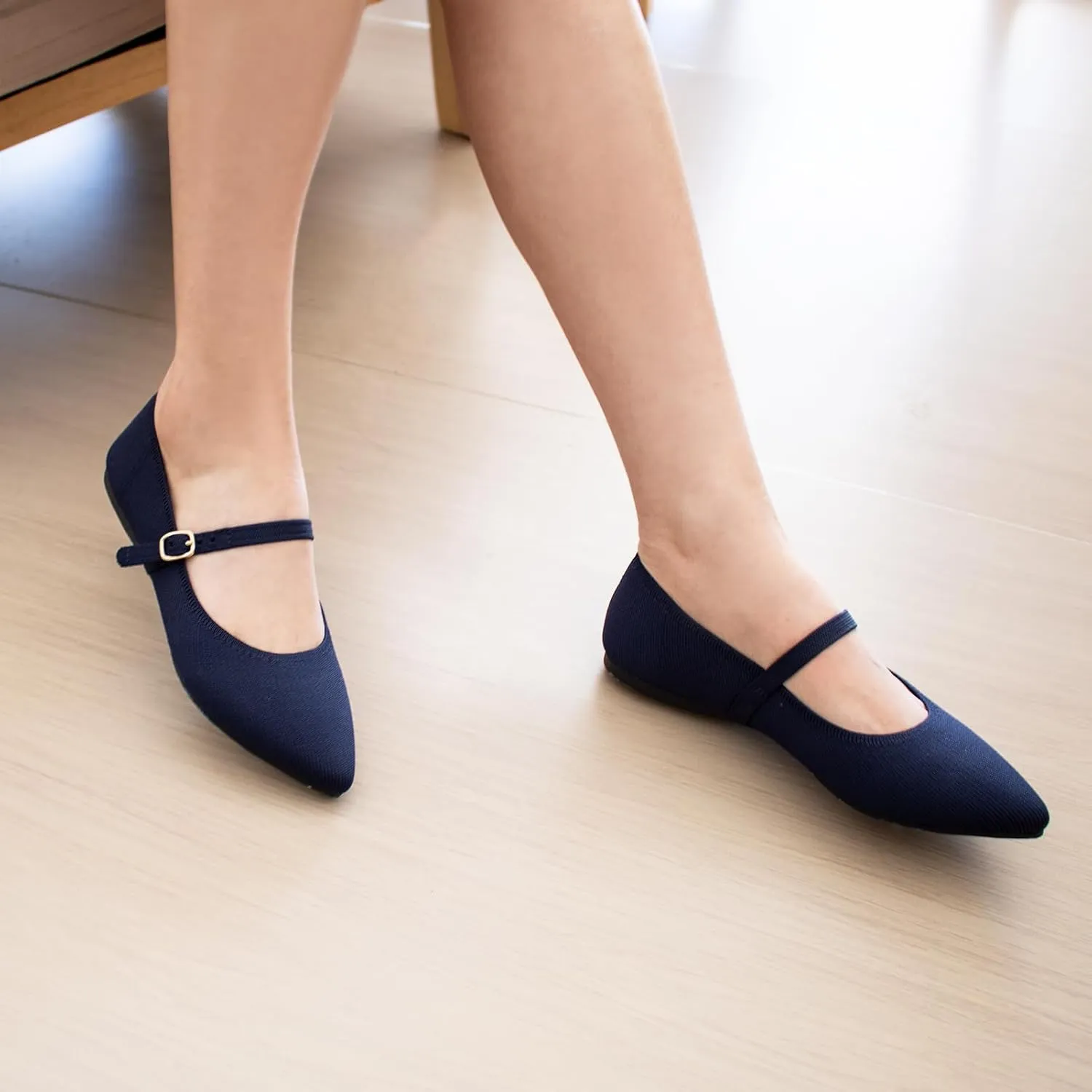 Pointed Toe Flats Knit Ballet Flat Shoes for Women Comfortable with Adjustable Strap,Washable Dressy Casual Flats for Work Office