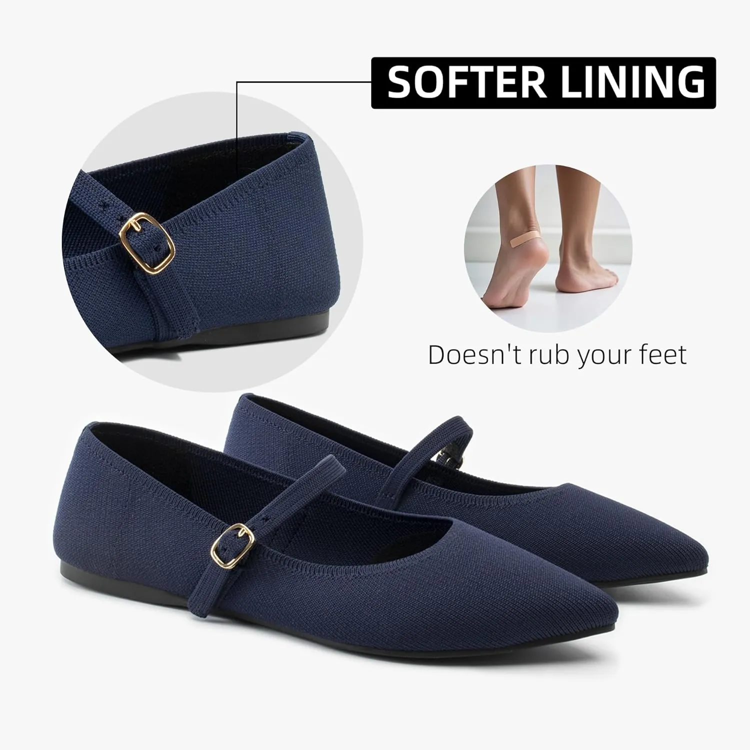 Pointed Toe Flats Knit Ballet Flat Shoes for Women Comfortable with Adjustable Strap,Washable Dressy Casual Flats for Work Office