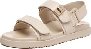 Rihero Women's Flat Sandals Comfort Adjustable Double Strap Slip on Leather Footbed Sandals