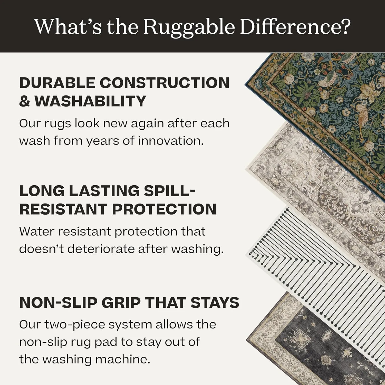Ruggable Washable 3x5 Area Rug, Alessia Dark Wood, Premium Vintage Rugs for Living Room, Bedroom, Kitchen, Office, Classroom with Gripper Non Slip Pad