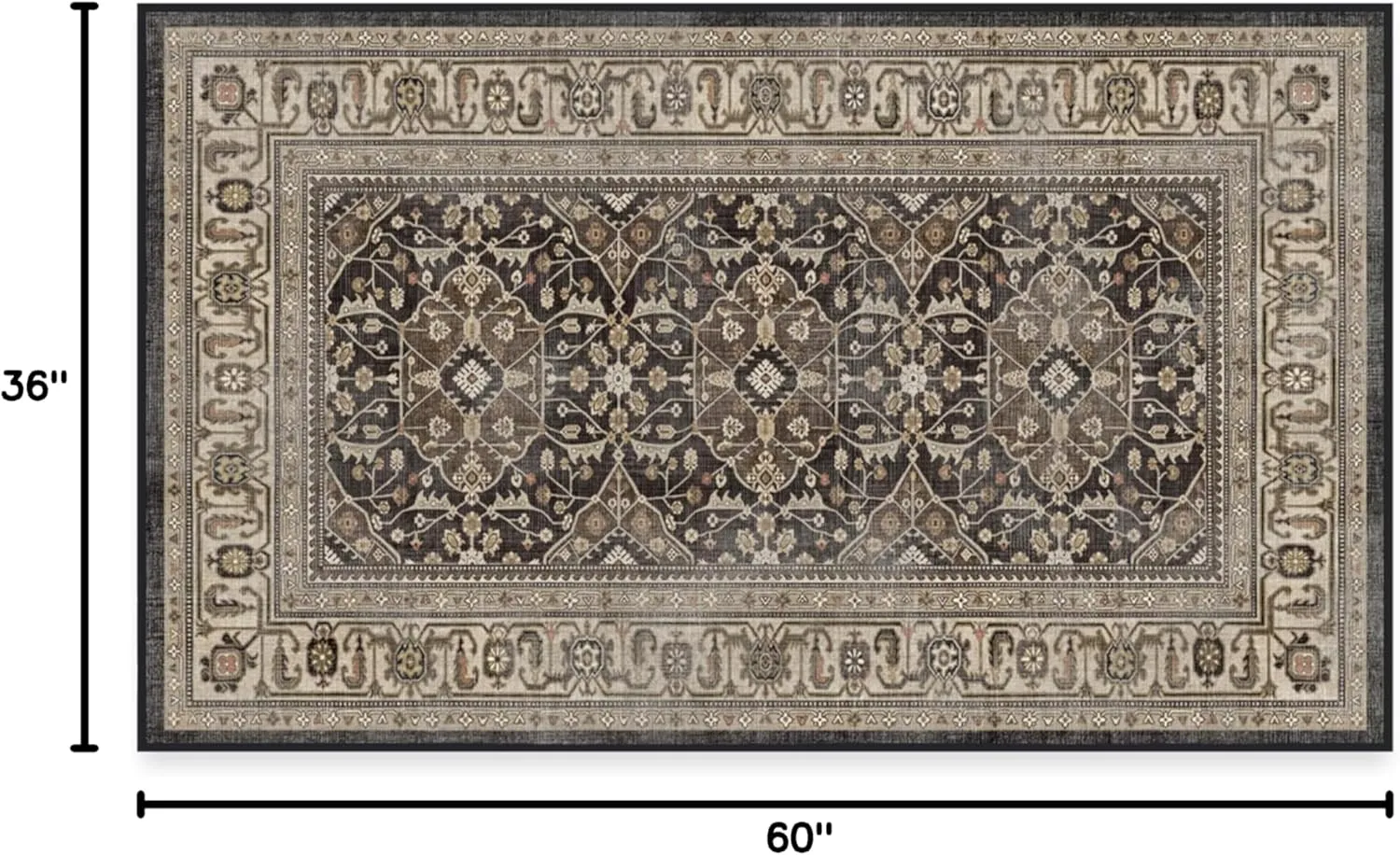 Ruggable Washable 3x5 Area Rug, Alessia Dark Wood, Premium Vintage Rugs for Living Room, Bedroom, Kitchen, Office, Classroom with Gripper Non Slip Pad
