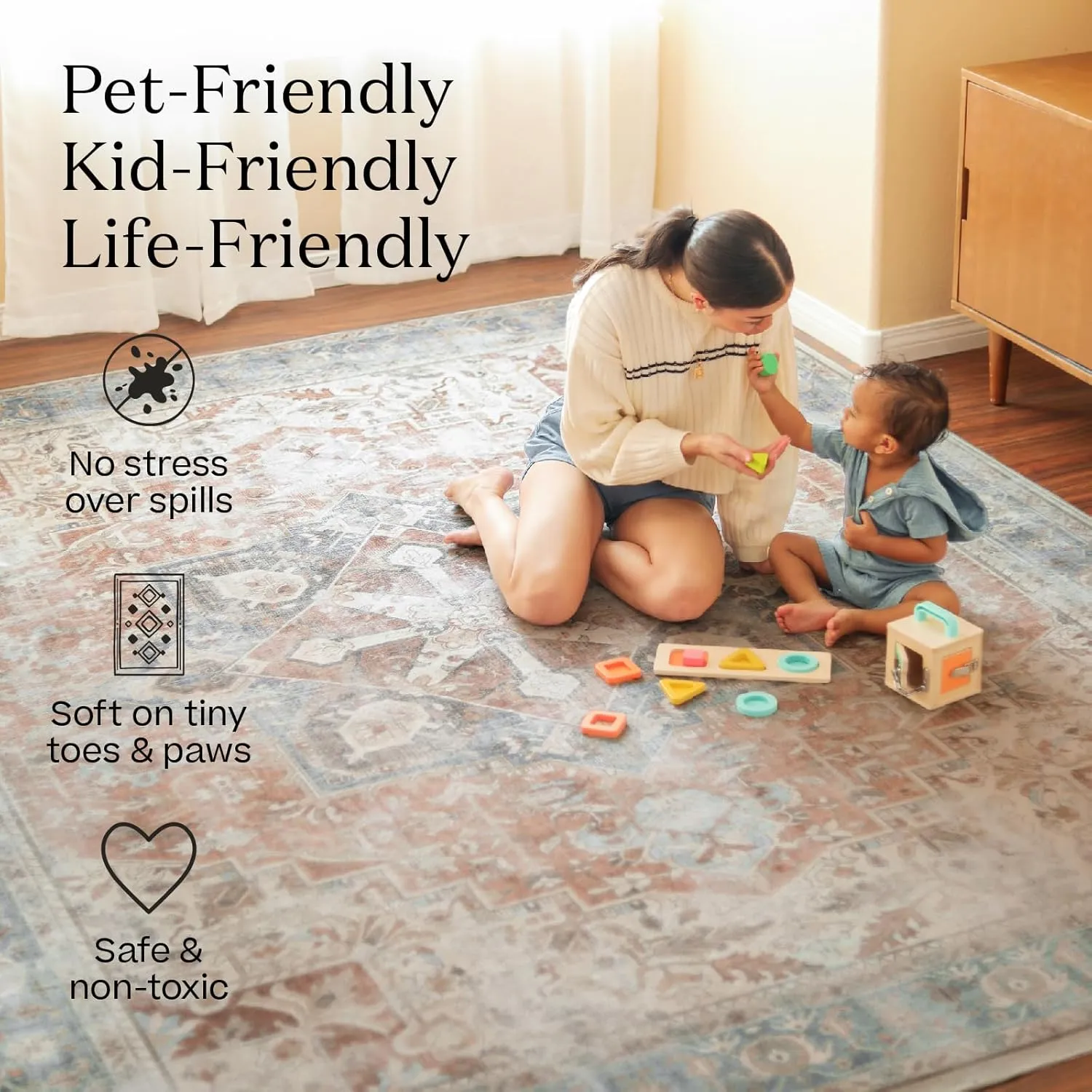 Ruggable Washable 3x5 Area Rug, Alessia Dark Wood, Premium Vintage Rugs for Living Room, Bedroom, Kitchen, Office, Classroom with Gripper Non Slip Pad