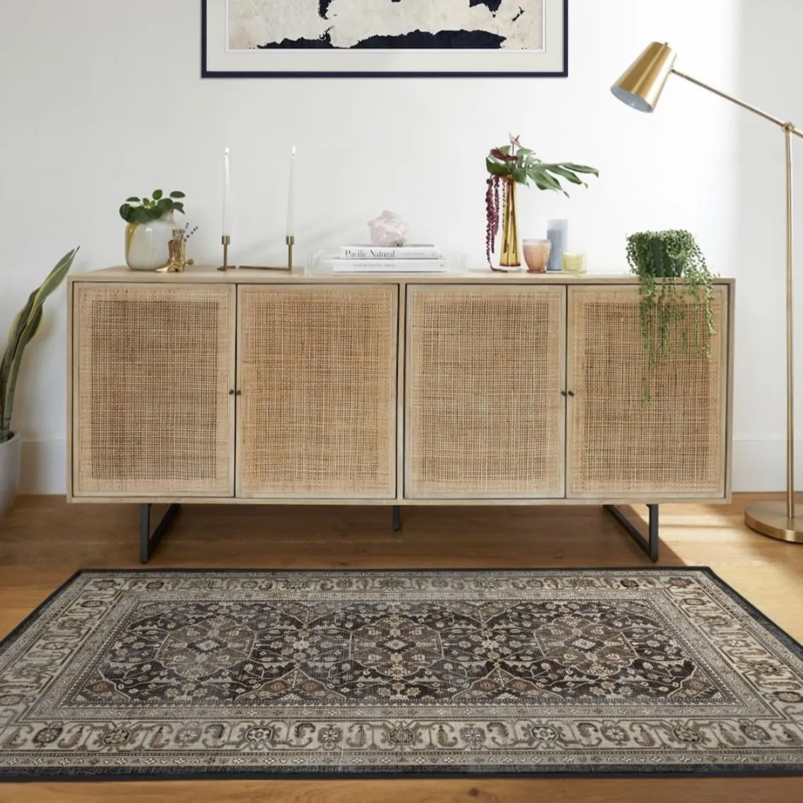 Ruggable Washable 3x5 Area Rug, Alessia Dark Wood, Premium Vintage Rugs for Living Room, Bedroom, Kitchen, Office, Classroom with Gripper Non Slip Pad