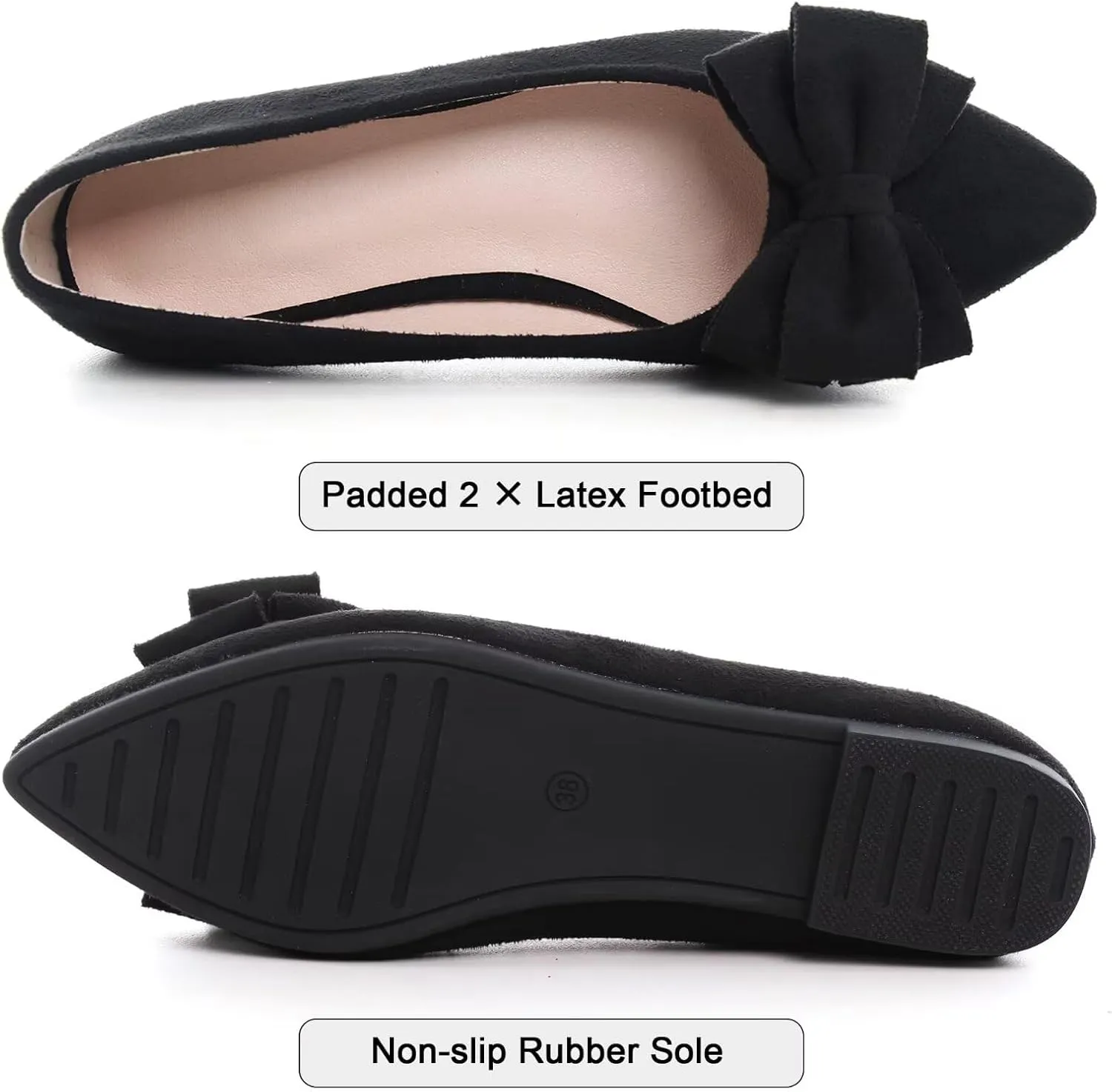 SAILING LU Bowknot Ballet Flats Womens Pointy Toe Casual Flat Shoes Suede Dress Shoes Wear to Work Slip On Moccasins