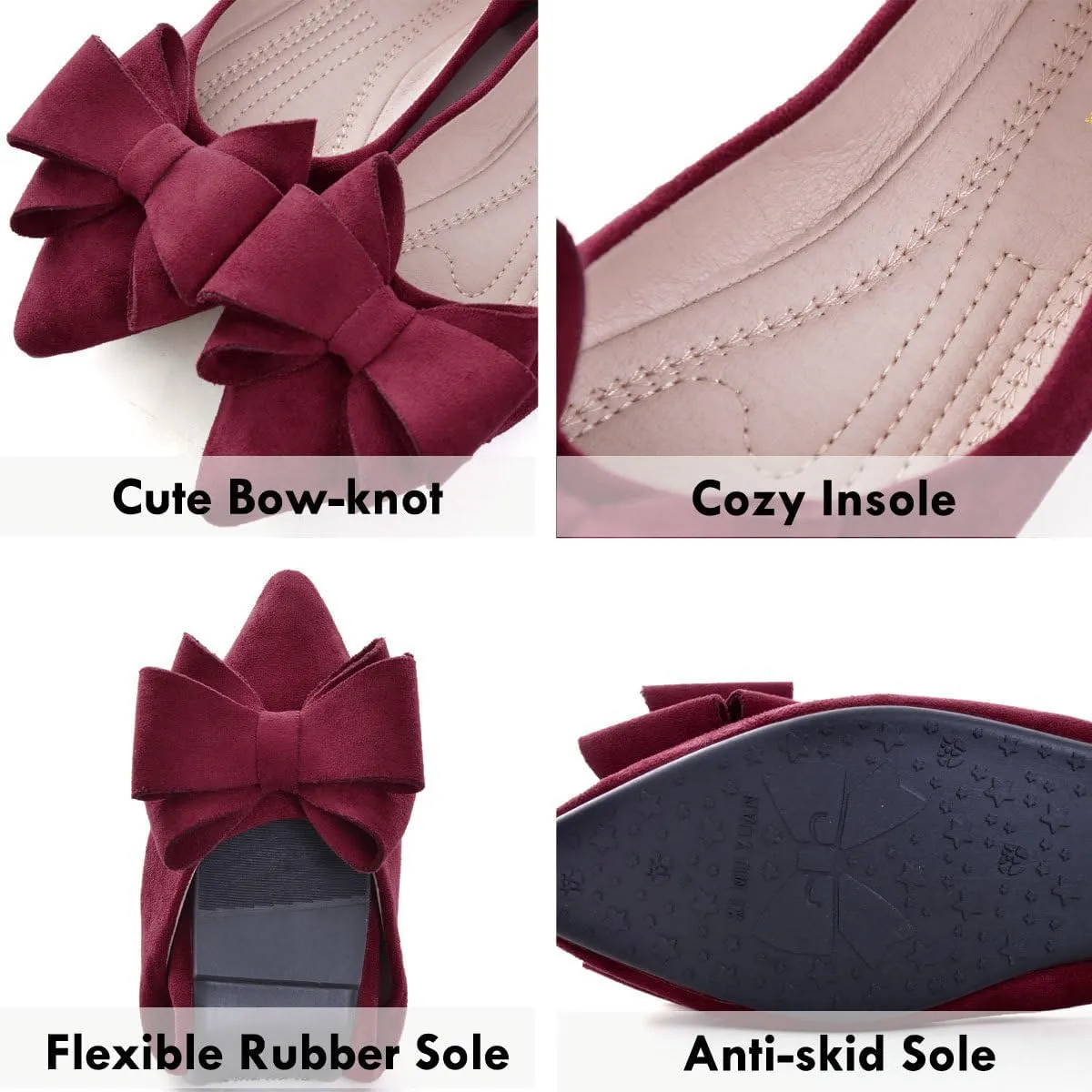 SAILING LU Bowknot Ballet Flats Womens Pointy Toe Casual Flat Shoes Suede Dress Shoes Wear to Work Slip On Moccasins