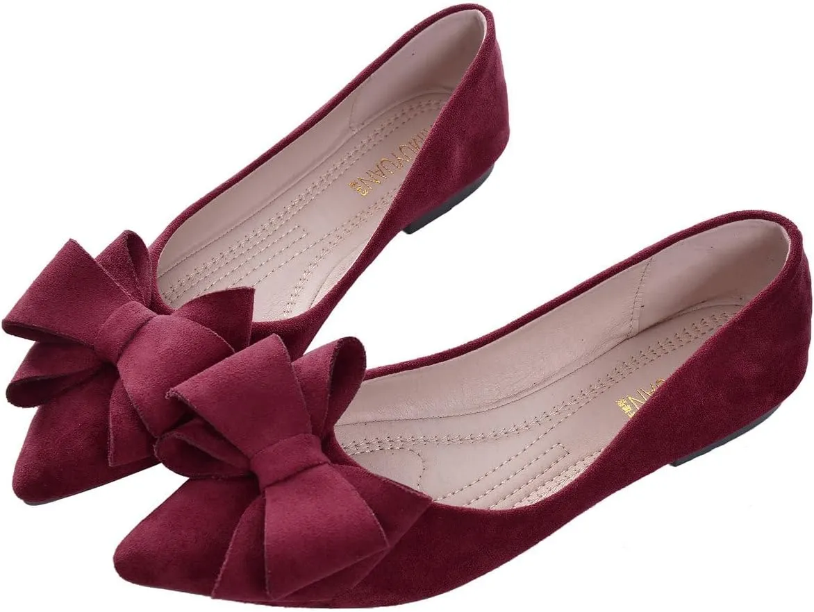 SAILING LU Bowknot Ballet Flats Womens Pointy Toe Casual Flat Shoes Suede Dress Shoes Wear to Work Slip On Moccasins