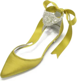 Satin Crystals Wedding Flats for Bride Pointed Toe Ribbon Tie Party Dress Shoes Flats Women 5047-69