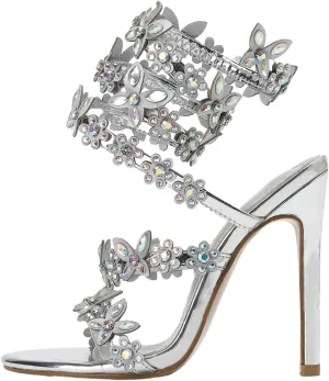 sexytag Rhinestone Butterfly Bow Heels Wrap Up Stiletto High Heels Open Toe Sandals Wedding Prom Heels
