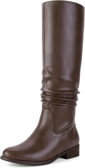 Shoe'N Tale Women's Knee High Boots Flat Low Heel Slouch Pointed Toe Winter Shoes with Side Zipper