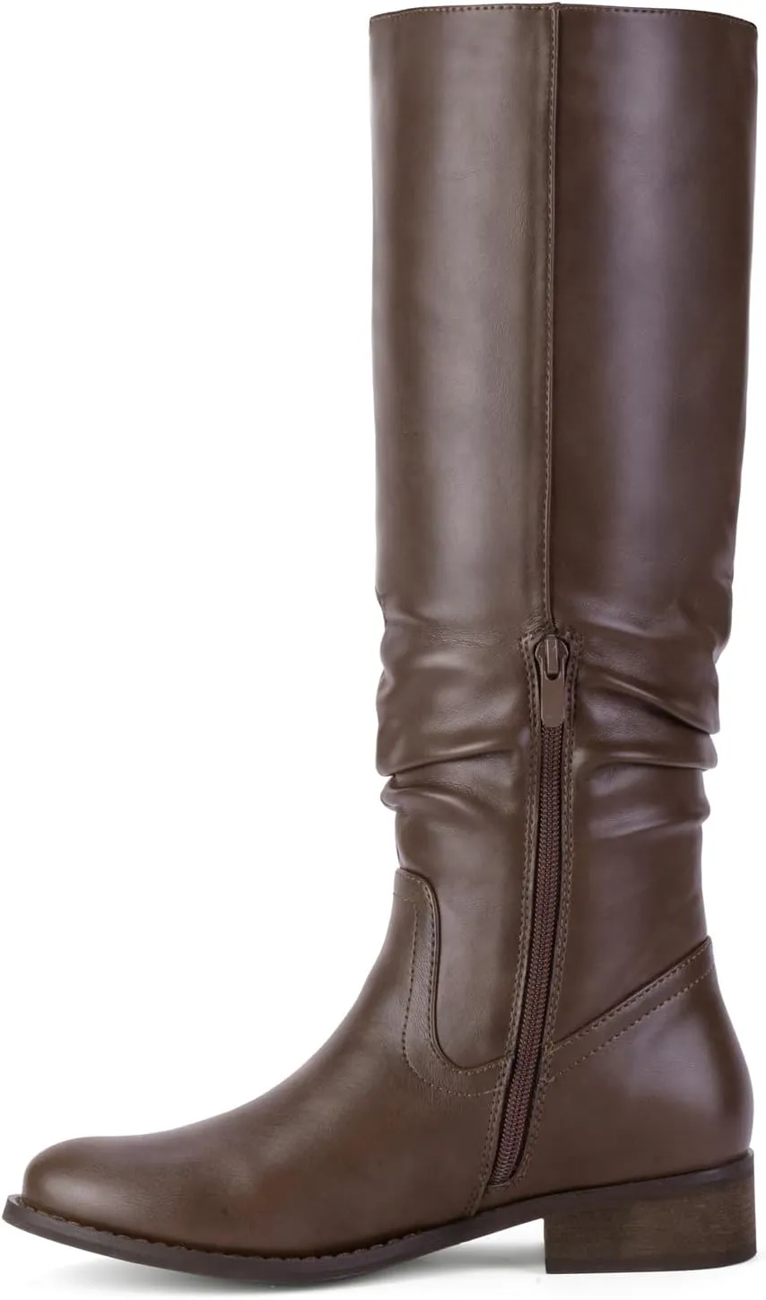 Shoe'N Tale Women's Knee High Boots Flat Low Heel Slouch Pointed Toe Winter Shoes with Side Zipper