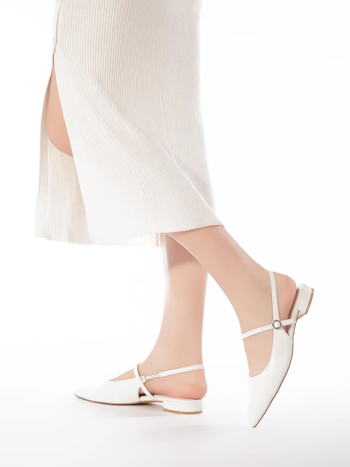 Slingback Flats for Women Mesh Gauze Pointed Toe Low Heels with Buckle Ankle Strap Dress Shoes