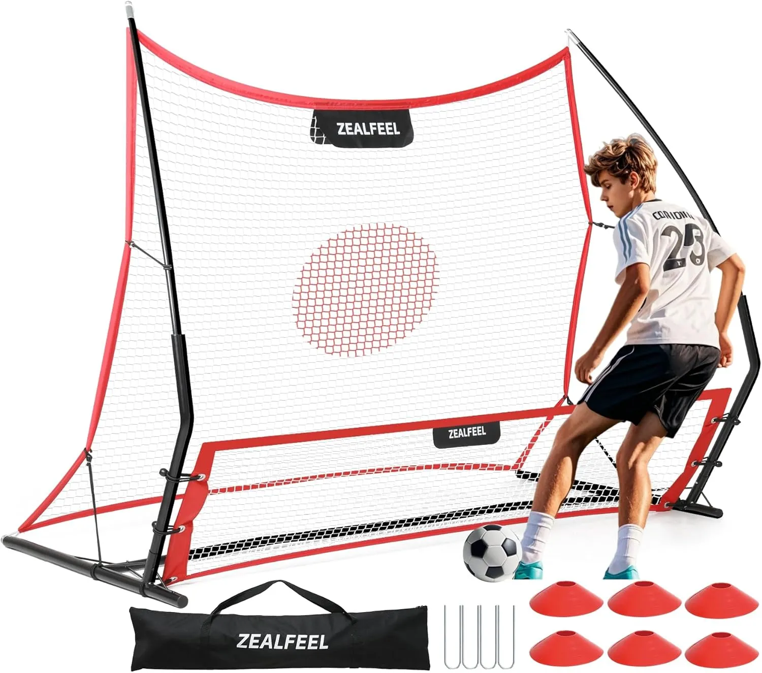Soccer Rebounder, 2-in-1 Soccer Rebound Net, 6'x4.7' Large Net & 6'x16" Small Net, Soccer Bounce Back Net Practice for Team Volley Passing Solo Training, Football Trainer with Carry Bag Cones