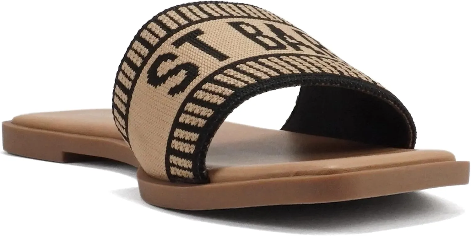 Soda “FLAIR” ~ Women Square Open Toe Single Embroider Band Slip-On Flat Summer Resort Sandal