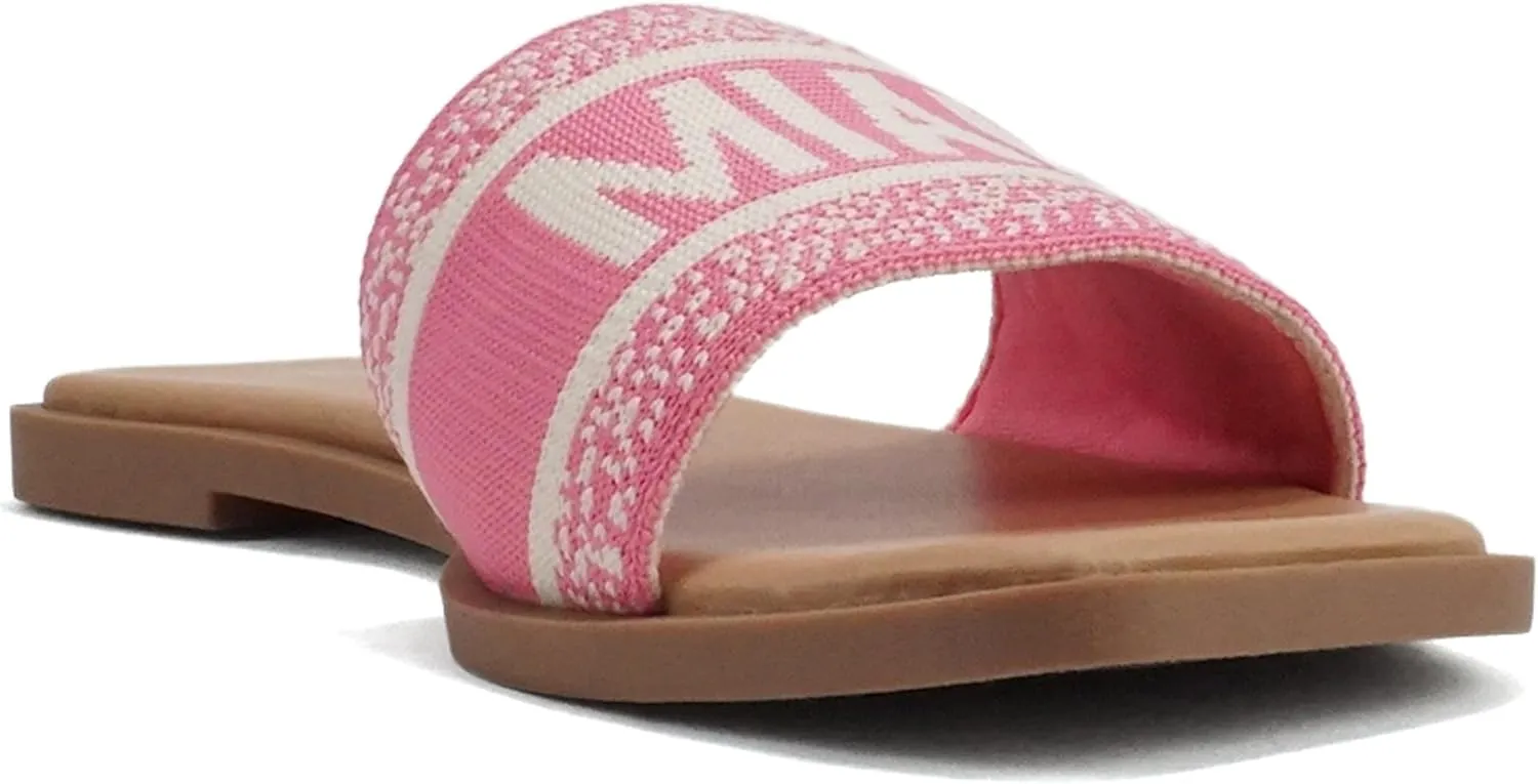 Soda “FLAIR” ~ Women Square Open Toe Single Embroider Band Slip-On Flat Summer Resort Sandal