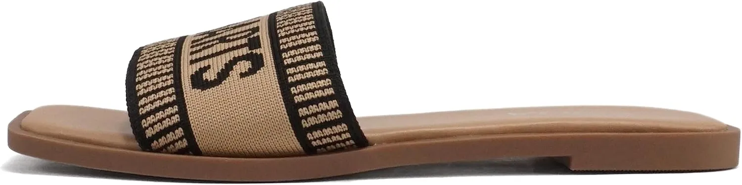 Soda “FLAIR” ~ Women Square Open Toe Single Embroider Band Slip-On Flat Summer Resort Sandal
