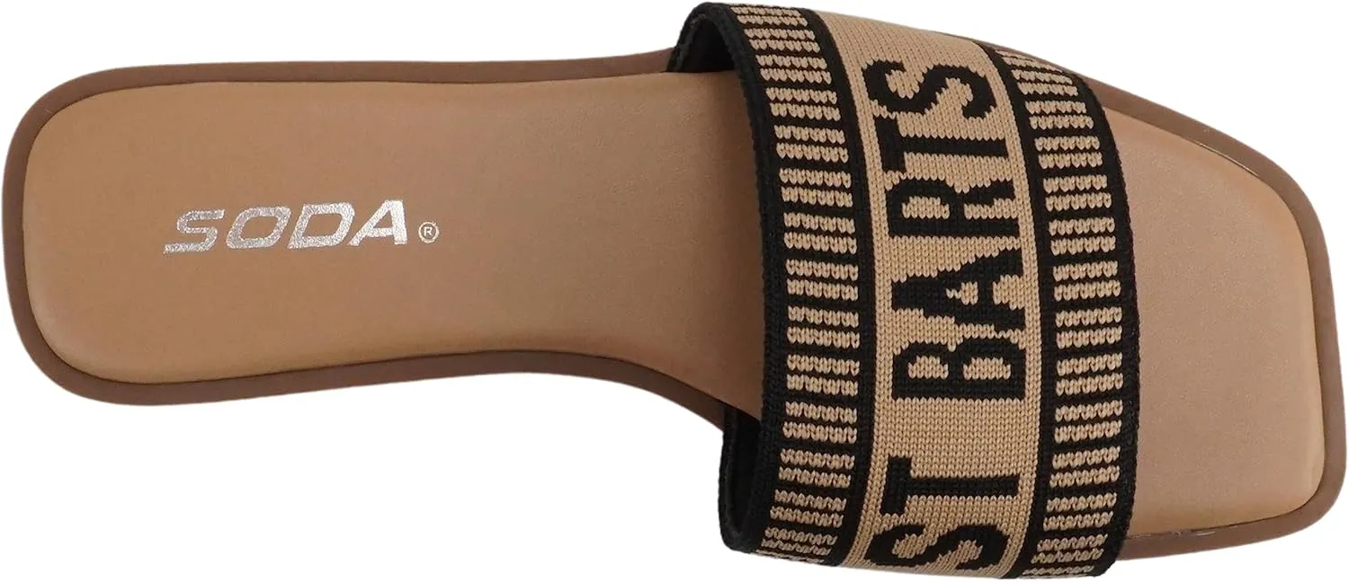 Soda “FLAIR” ~ Women Square Open Toe Single Embroider Band Slip-On Flat Summer Resort Sandal