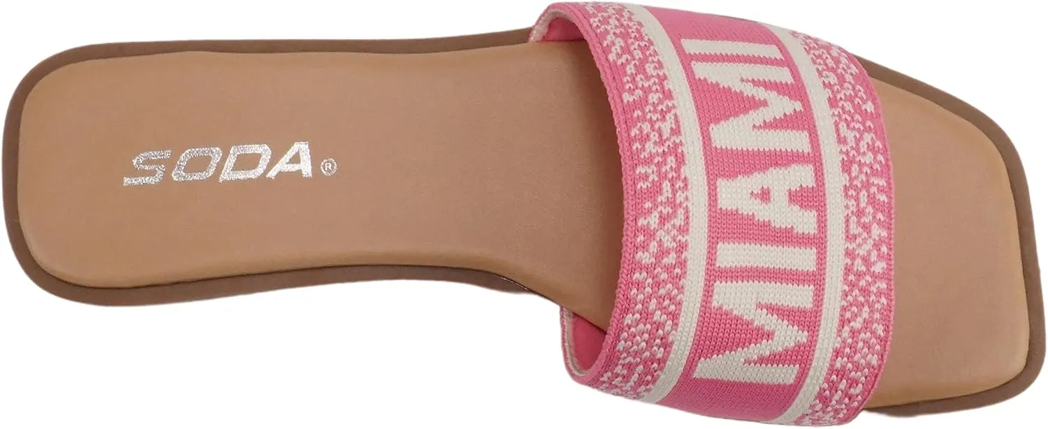 Soda “FLAIR” ~ Women Square Open Toe Single Embroider Band Slip-On Flat Summer Resort Sandal