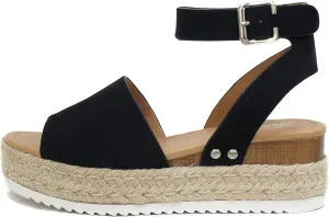 Soda Women's Open Toe Halter Ankle Strap Espadrille Sandal, Black Nubuck, 9