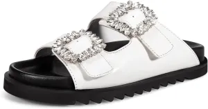 STUNAHOME Women's Flat Platform Sandals Adjustable Double Strap Slip on Leather Open Toe Footbed Sandals