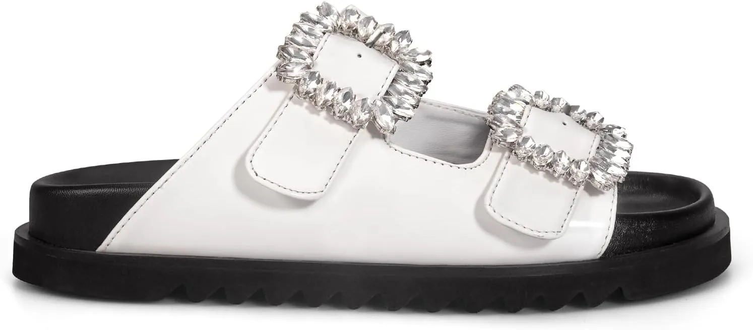 STUNAHOME Women's Flat Platform Sandals Adjustable Double Strap Slip on Leather Open Toe Footbed Sandals