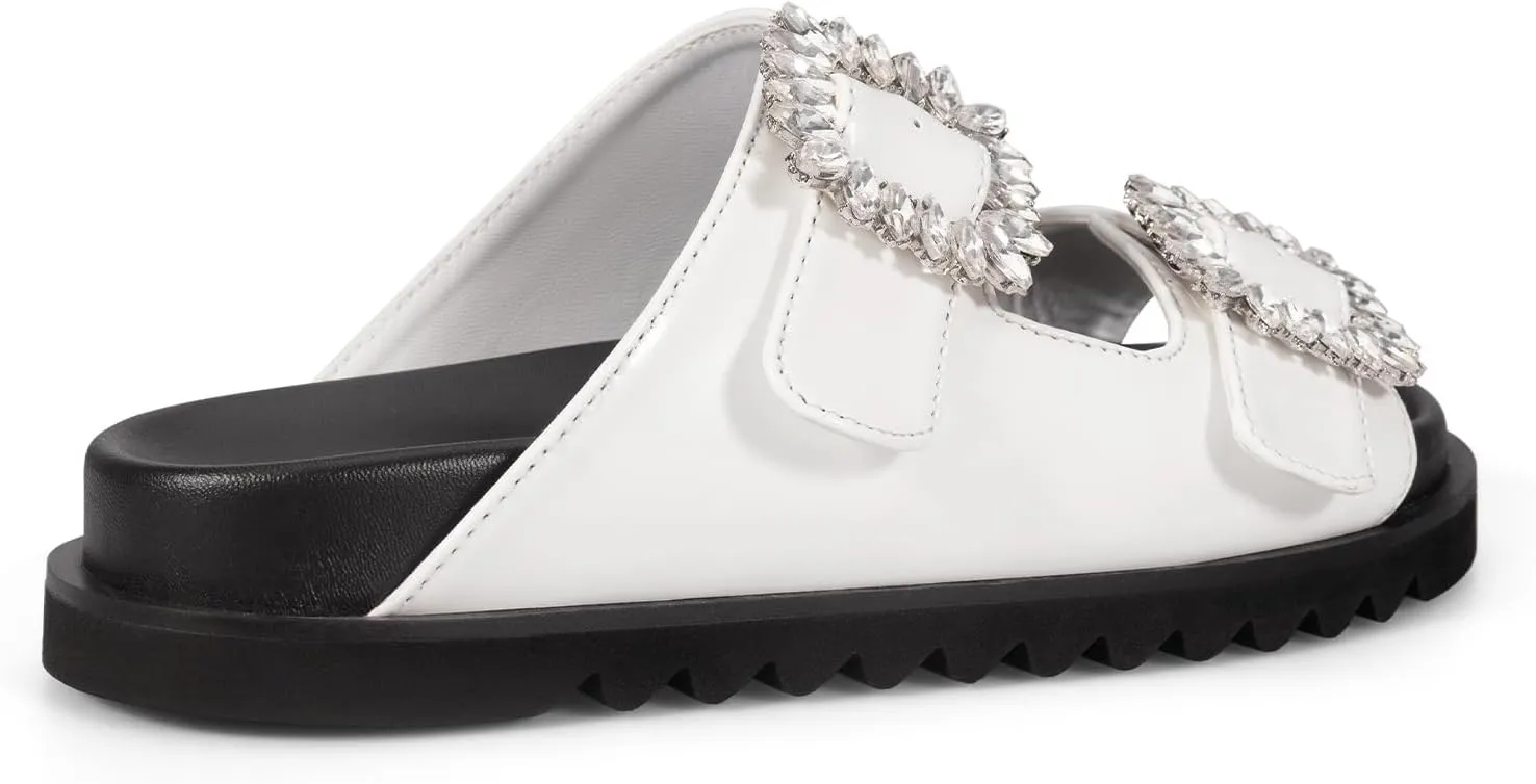 STUNAHOME Women's Flat Platform Sandals Adjustable Double Strap Slip on Leather Open Toe Footbed Sandals