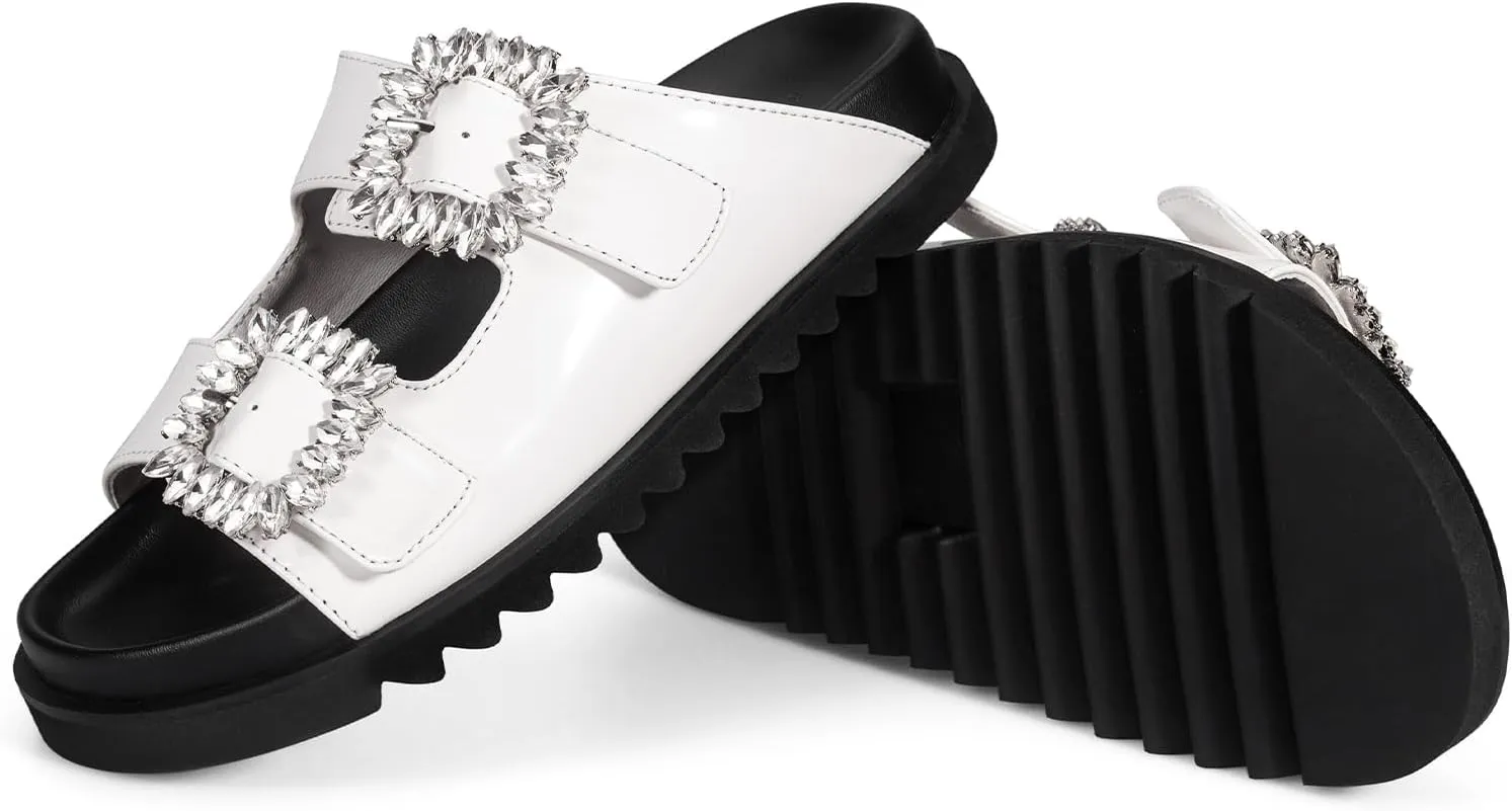 STUNAHOME Women's Flat Platform Sandals Adjustable Double Strap Slip on Leather Open Toe Footbed Sandals