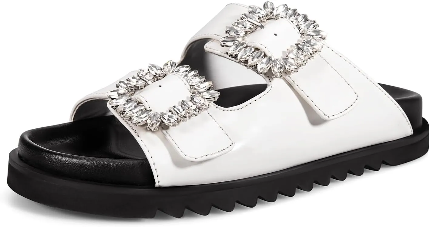 STUNAHOME Women's Flat Platform Sandals Adjustable Double Strap Slip on Leather Open Toe Footbed Sandals