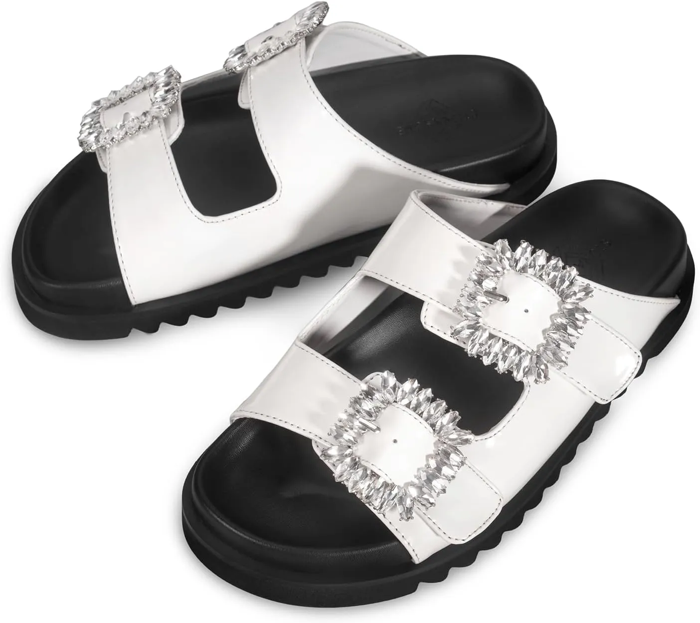 STUNAHOME Women's Flat Platform Sandals Adjustable Double Strap Slip on Leather Open Toe Footbed Sandals