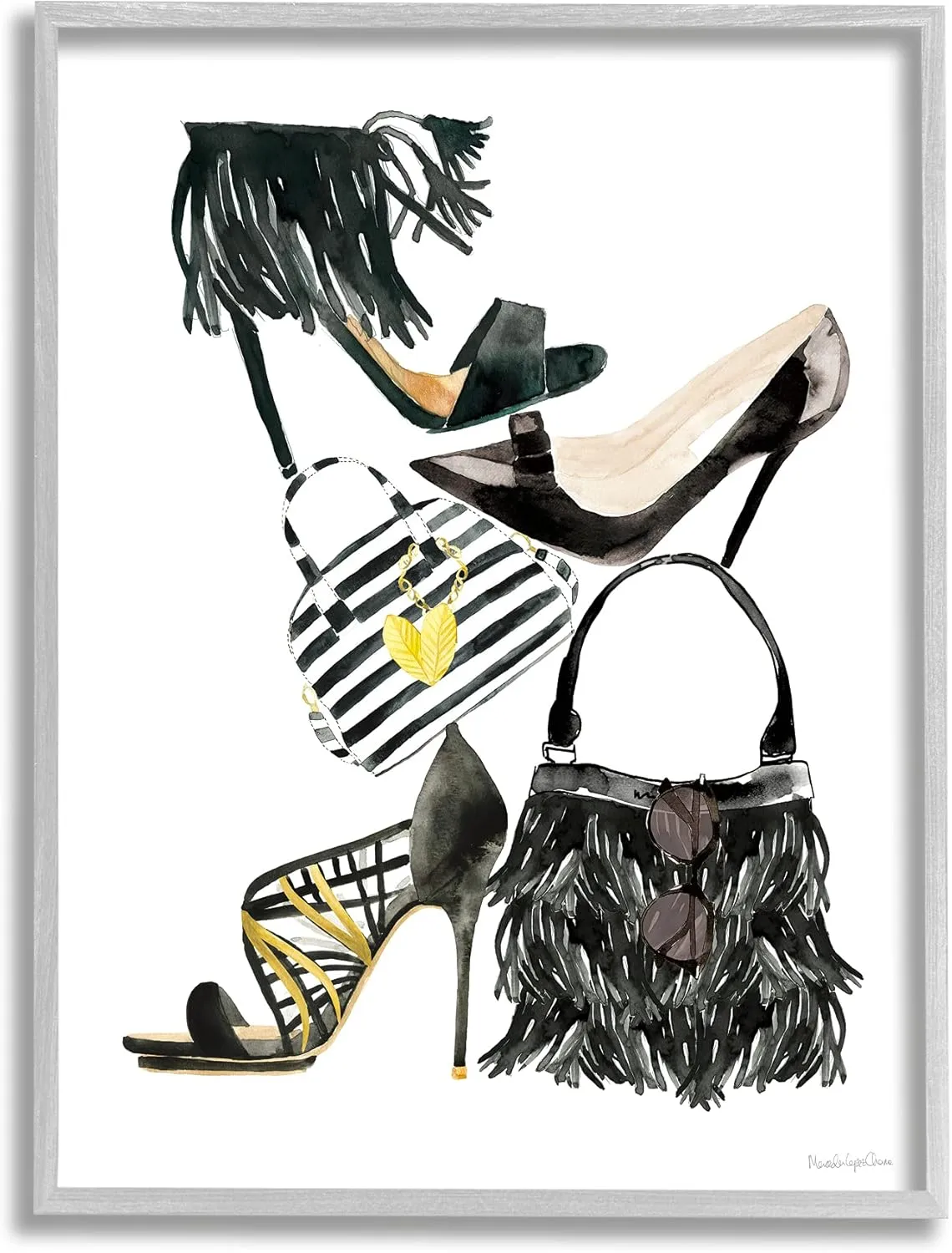 Stupell Industries Glam Fashion Accessory Stack Fringe Shoes and Purse, Designed by Mercedes Lopez Charro Gray Framed Wall Art, 24 x 30, Black