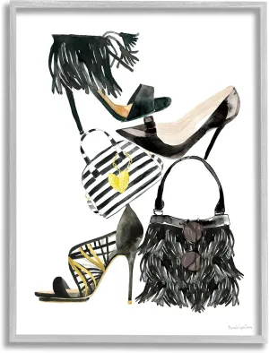 Stupell Industries Glam Fashion Accessory Stack Fringe Shoes and Purse, Designed by Mercedes Lopez Charro Gray Framed Wall Art, 24 x 30, Black