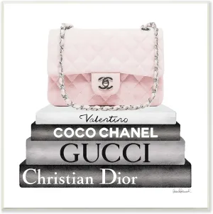 Stupell Industries Pink Quilted Purse on Modern Chic Bookstack, Designed by Amanda Greenwood Wall Plaque, 12 x 12, Black