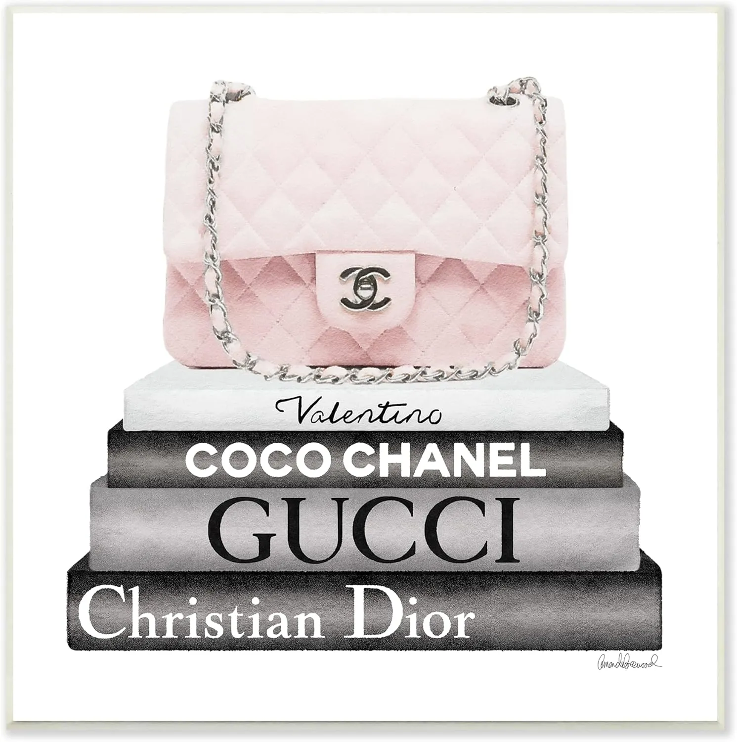 Stupell Industries Pink Quilted Purse on Modern Chic Bookstack, Designed by Amanda Greenwood Wall Plaque, 12 x 12, Black