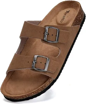 Torotto Mens Slides with Cork Footbed Open Toe Adjustable Webbing Flat Sandals for Walking | Beach | Indoor