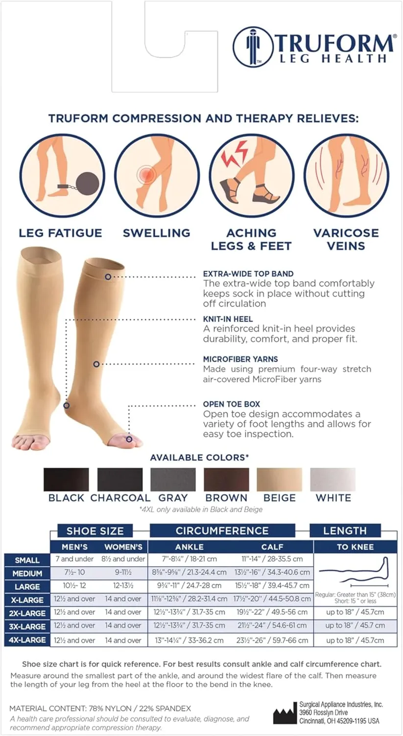 Truform 20-30 mmHg Compression Stockings for Men and Women, Knee High Length, Open Toe, Beige, Medium (1 Pair)