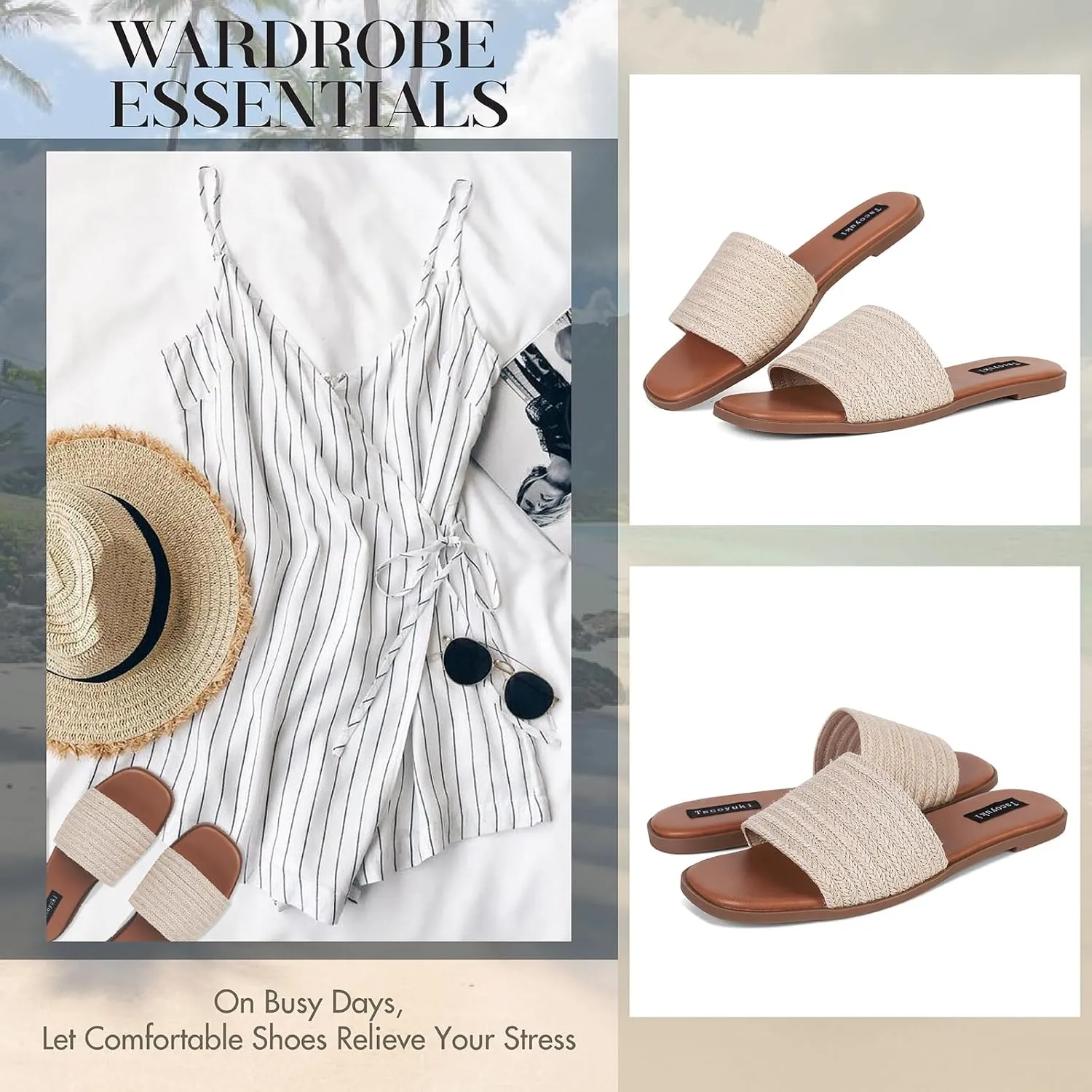 Tscoyuki Slides Sandals for Women Basic Slip On Flat Sandals Open Toe Comfort Beach Sandals Slippers for Casual Dressy Summer